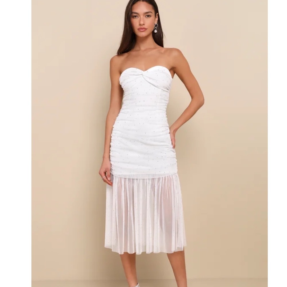 Lulus White Sheer Mesh Ruched Strapless‎ Midi Dress Party Cocktail NWT
